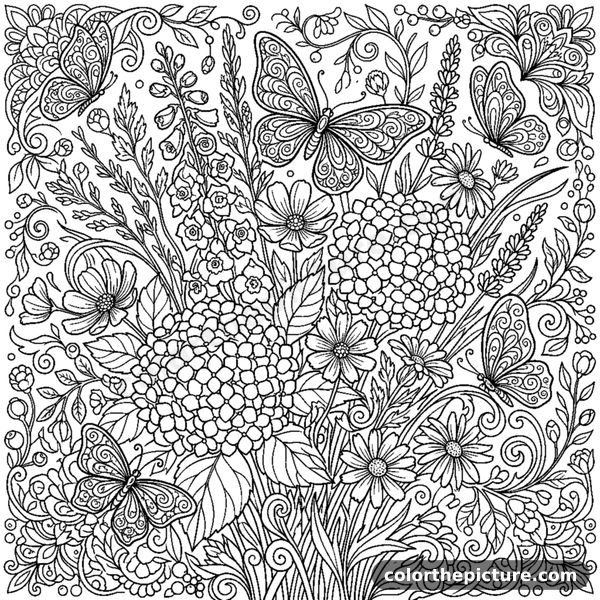 Wildflower Bouquet with Hydrangeas and Butterflies coloring page
