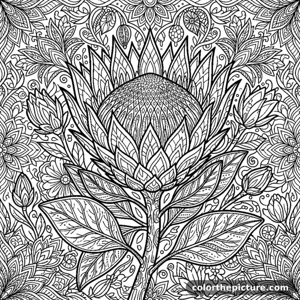 Exotic Protea Flower with Detailed Dots coloring page