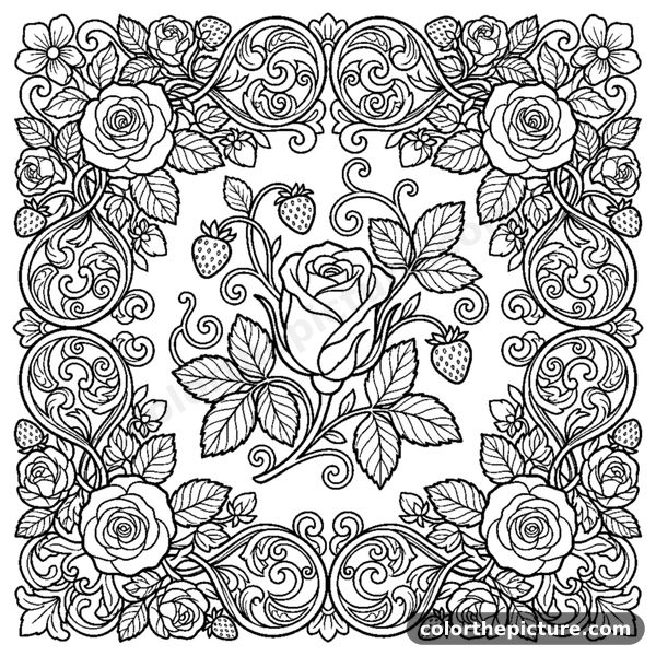 Victorian Frame with Rosebuds and Strawberries coloring page