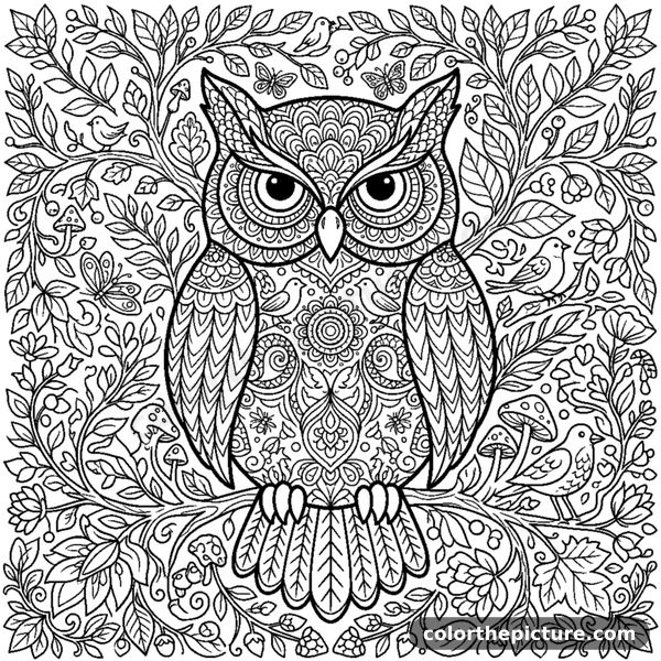 Owl silhouette with nested mandala and feather patterns coloring page