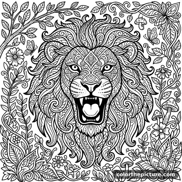 Roaring lion portrait with zentangle spirals in its mane coloring page