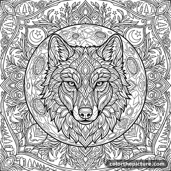 Wolf head with a geometric mandala and a full moon coloring page
