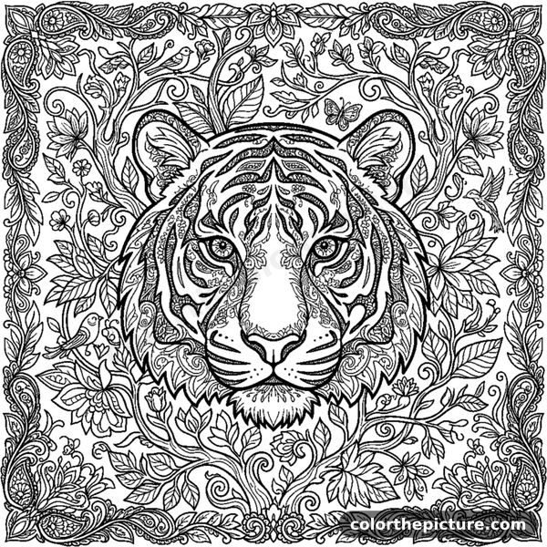 Tiger face with sparkling eyes and paisley patterns in its stripes coloring page