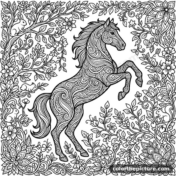 Rearing horse silhouette with flowing zentangle wave patterns coloring page