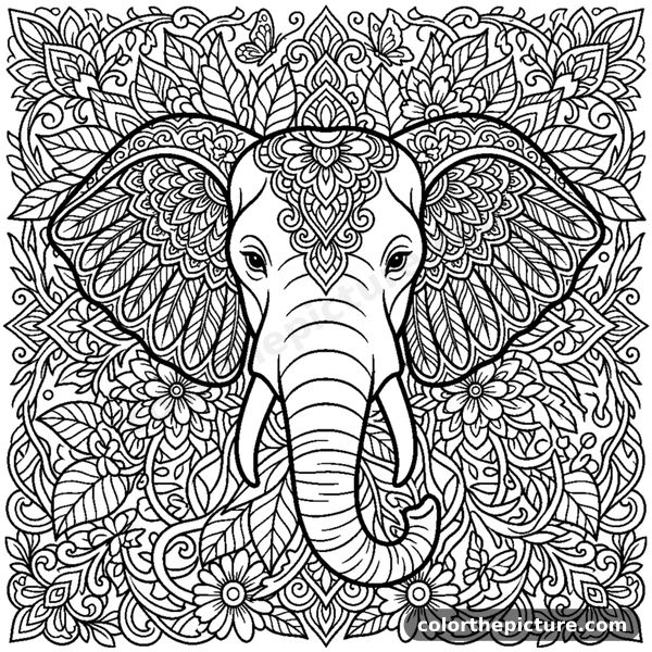 Elephant head with intricate lace patterns on its ears coloring page