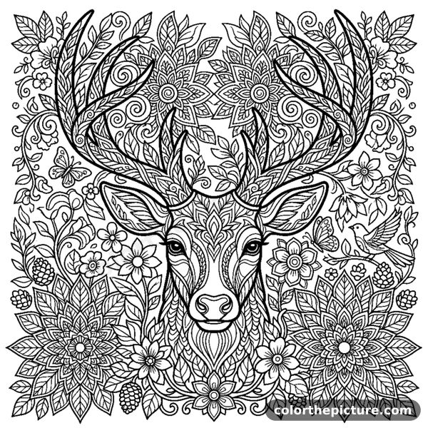 Deer head with leaf and swirl mandalas in its antlers coloring page