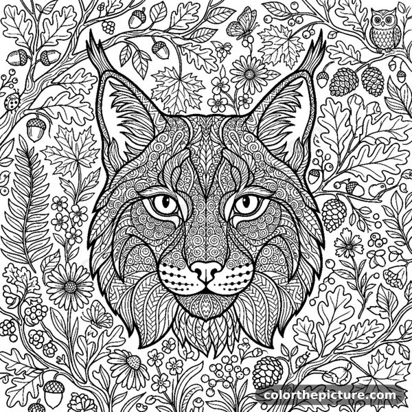 Lynx face with a dotted zentangle pattern in its fur coloring page