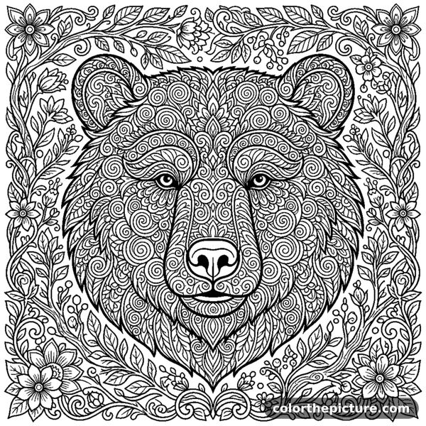 Bear face with dense spiral and flower mandala patterns in its fur coloring page