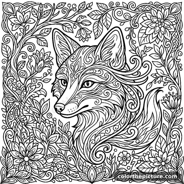 Fox head with ornate swirling lines coloring page