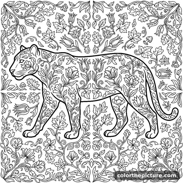 Panther silhouette filled with a symmetrical flower and leaf pattern coloring page