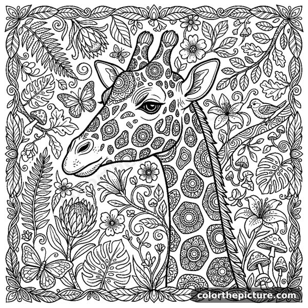 Giraffe head portrait where its spots are stylized mandala circles coloring page