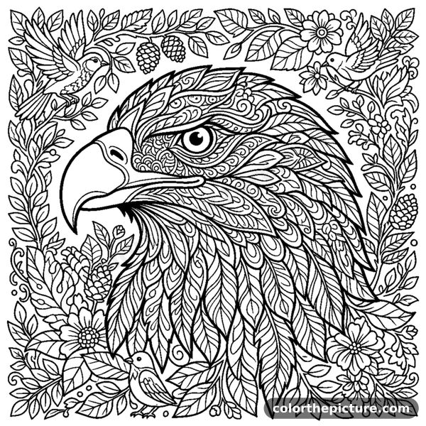 Eagle head with an ornate zentangle pattern around its beak and eyes coloring page