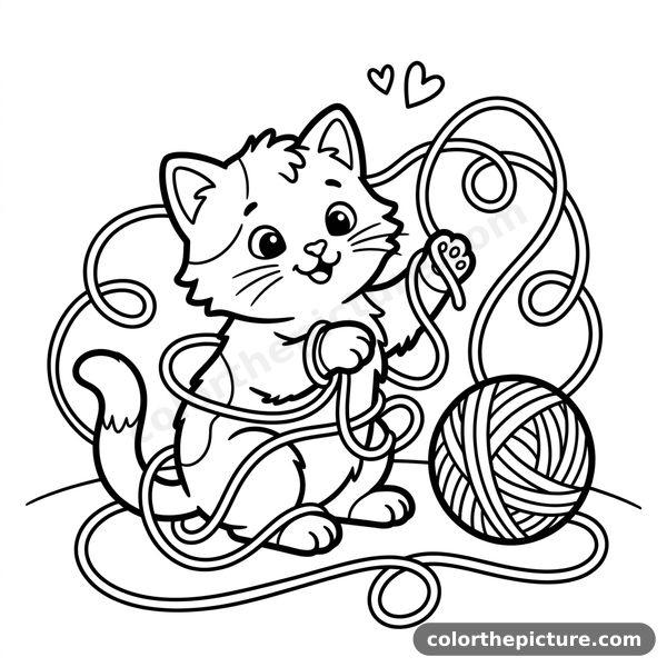 Cat Playing with Yarn Coloring Page