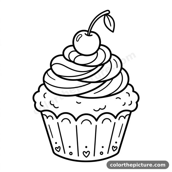 Cute Cupcake with Cherry Coloring Page