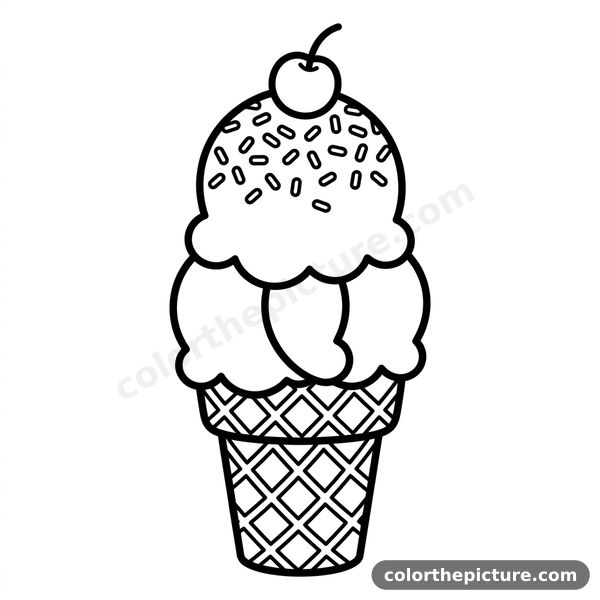 Ice Cream Cone with Cherry Coloring Page