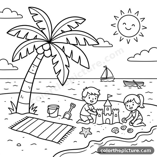 Children Making a Sandcastle on the Beach coloring page