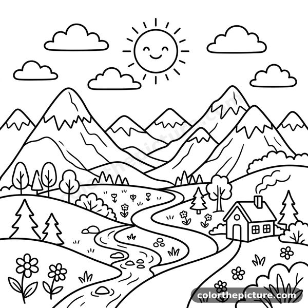 Mountain Cabin Landscape Coloring Page