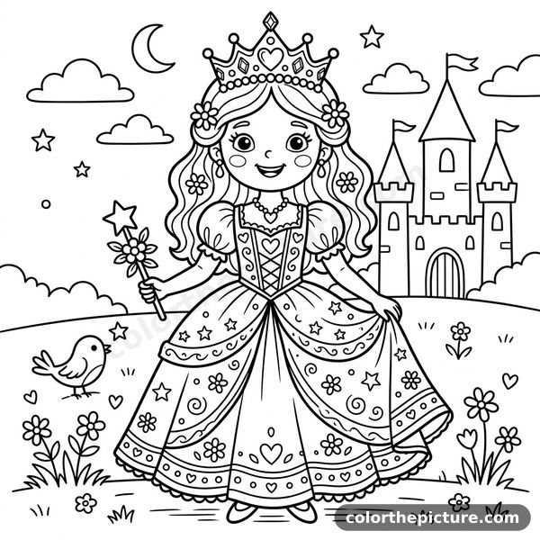 Smiling Princess in Front of Her Castle Coloring Page