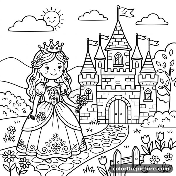 Cute Princess Playing in the Garden of Her Fairytale Castle Coloring Page