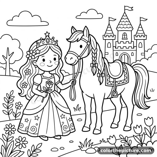 Beautiful Princess and Her Horse Coloring Page