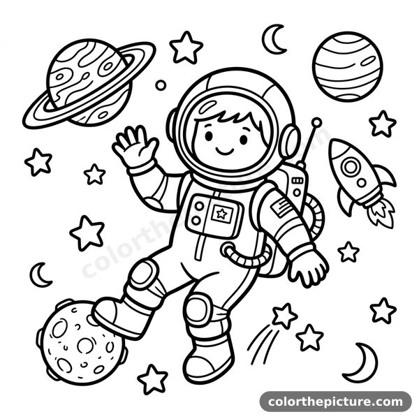 Cute Astronaut in Space Coloring Page