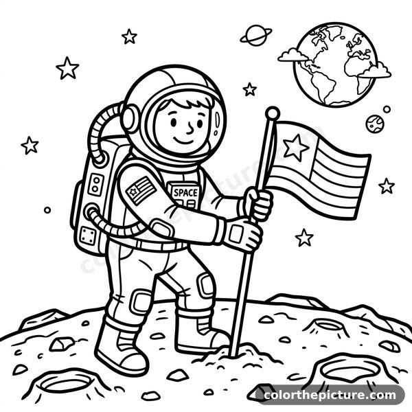Astronaut on the Moon Coloring Page