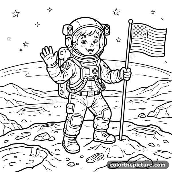 Astronaut Kid on the Moon Coloring Page