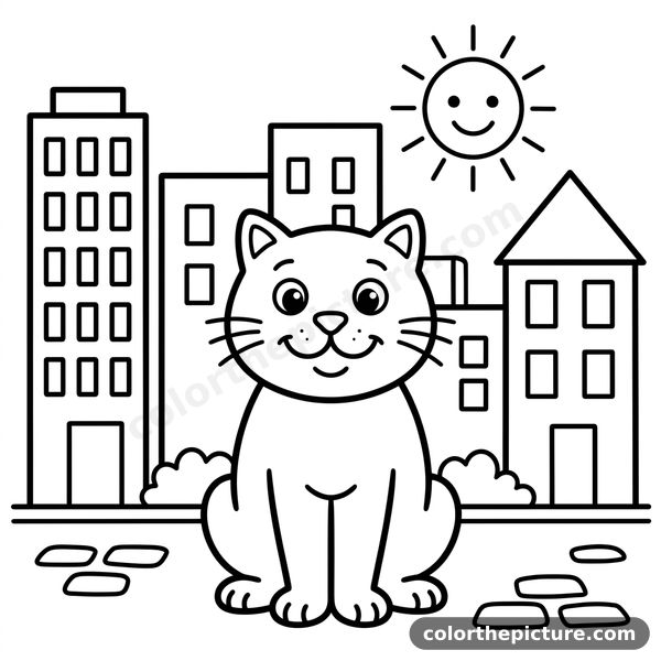 Cat in the City Coloring Page