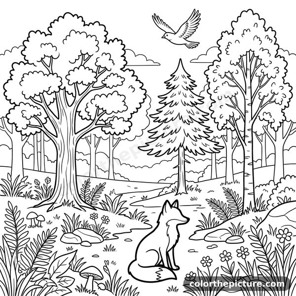 Forest and Fox Coloring Page