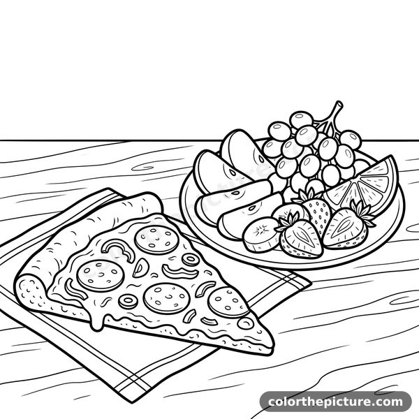 Pizza and Fruits Coloring Page