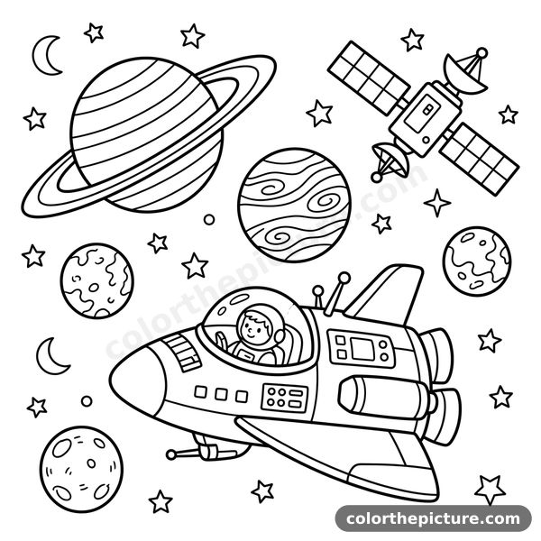 Planets and Spaceship Coloring Page