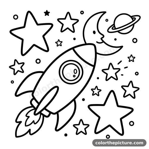 Rocket and Stars Coloring Page