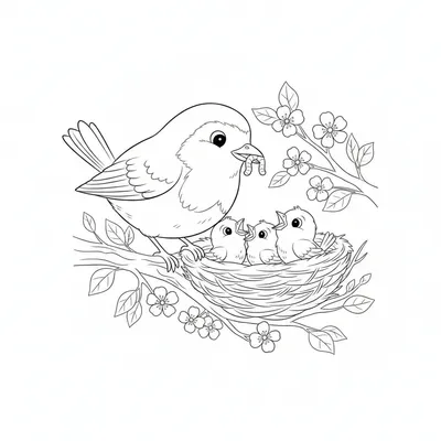 A Friendly Robin Feeding Its Baby Birds In A Cozy Nest. Coloring Page