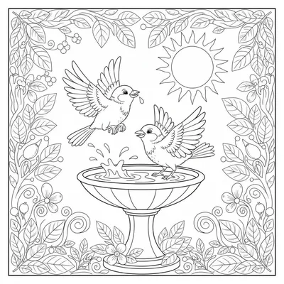 Two Playful Sparrows Splashing in a Bird Bath on a Sunny Day. Coloring Page