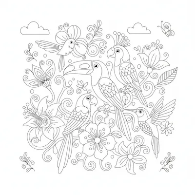 Exotic Birds Collecting Nectar from Intricate, Oversized Flowers in a Secret Garden. Coloring Page