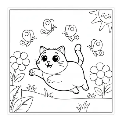 A Playful Cat Chases Colorful Butterflies in a Sunny Flower Garden. Coloring Page