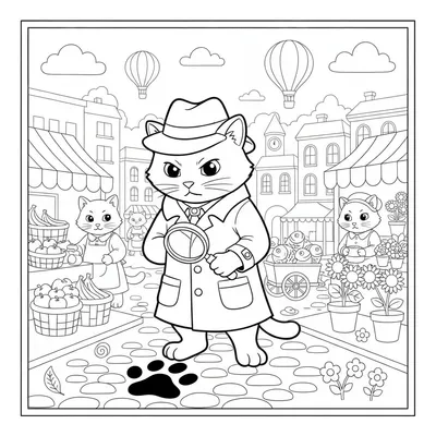 A Cat Detective Solving a Mystery in a Bustling City Market. Coloring Page