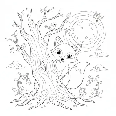 A Curious Fox Peeking from Behind an Ancient Tree in a Moonlit Forest. Coloring Page
