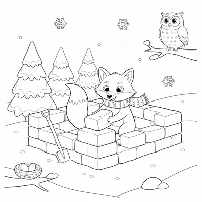 A Clever Fox Building a Small Snow Fort in a Quiet Winter Forest. Coloring Page