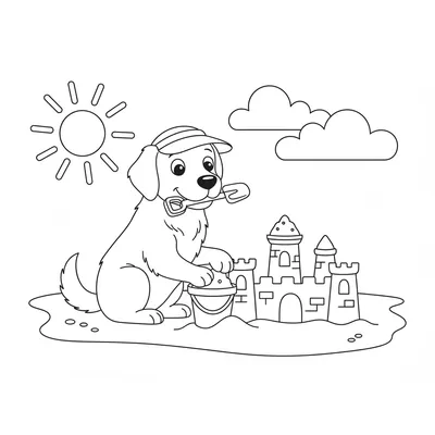 A Dog Making a Sandcastle on the Beach. Coloring Page