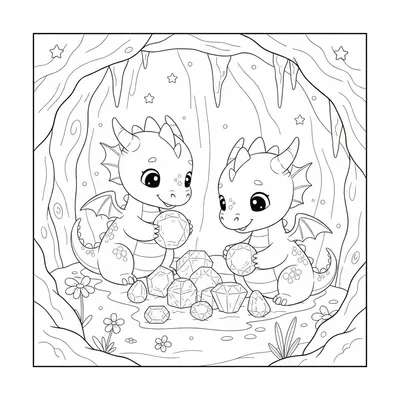 Flying Twin Dragons Catching Stars Among the Stalactites Coloring Page