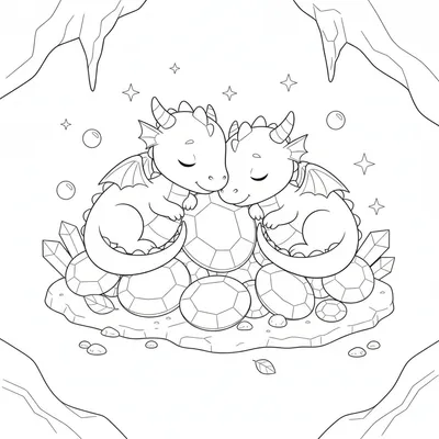 Sleepy Twin Baby Dragons Curled Up on Glowing Gems Coloring Page