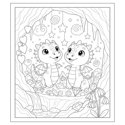 Amazed Twin Dragons Discovering One Magical Sparkling Jewel Coloring Page