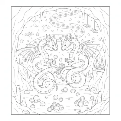 Playful Twin Dragons Having Fun with Glittering Gems Coloring Page