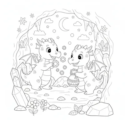 Two Dragon Babies Searching for Jewels in a Starry Cave Pool Coloring Page