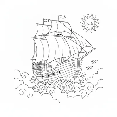 Cheerful Little Ship Flying Through the Sky Coloring Page