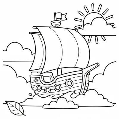 Sky Ship Bobbing on Waves of Clouds Coloring Page