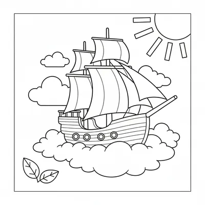 Flying Ship with Sails Full of Wind Coloring Page