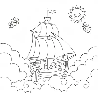 Sky Ship Passing Tiny Cloud Islands Coloring Page
