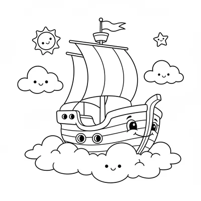 Ship Waking Up in the Clouds with the Morning Sun Coloring Page